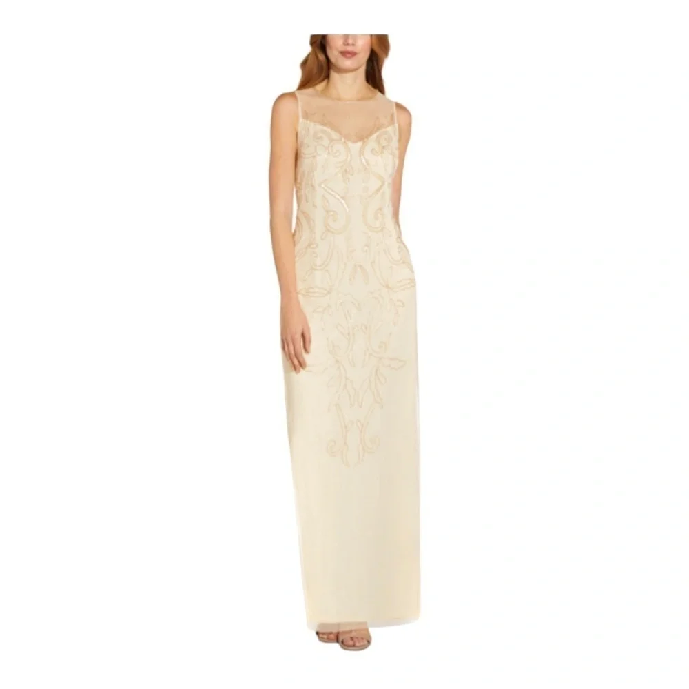 Adrianna Papell Ivory Beaded Gown Size 4 Wedding Guest Formal Dress - Picture 7 of 15